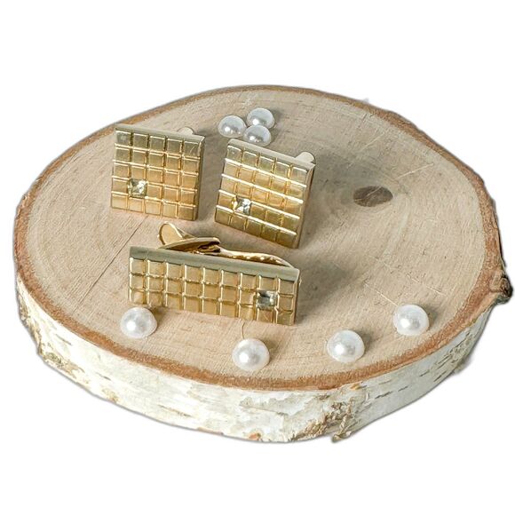 Vintage Gold Tone Cufflinks Tie Clip Set 1970s Glass Stone Wedding Formal Suit - Picture 3 of 12